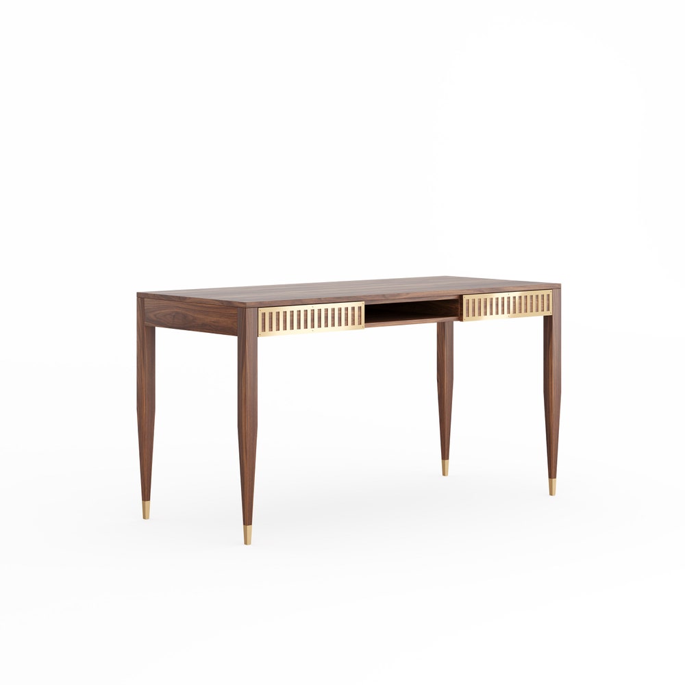Walnut office desk with two solid walnut drawers and shelf with brass fronts, home office desk, modern, writing desk, solid walnut desk
