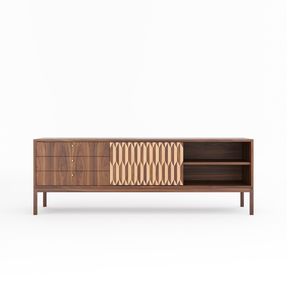 Walnut sideboard, TV stand with three drawers and inlaid door in mid century modern style, credenza, dresser, commode, media cabinet center