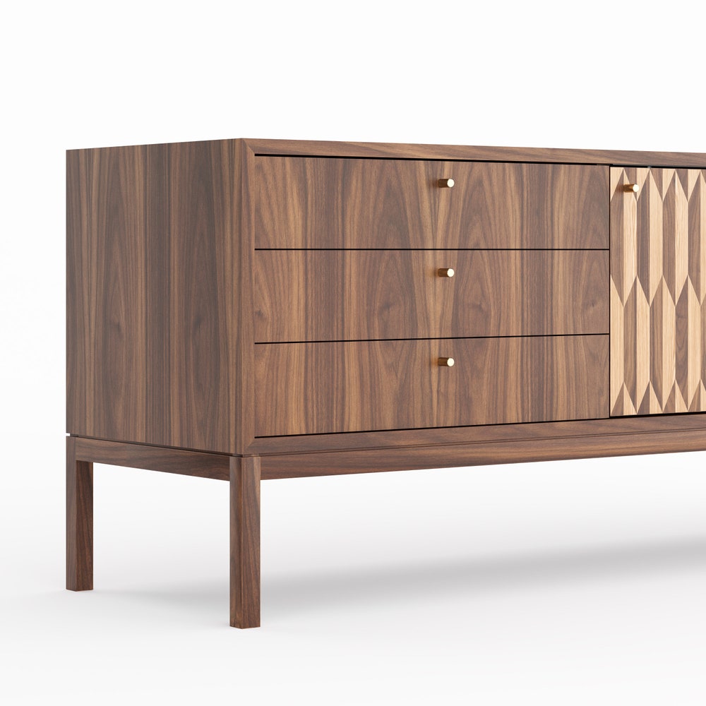 Walnut sideboard, TV stand with three drawers and inlaid door in mid century modern style, credenza, dresser, commode, media cabinet center