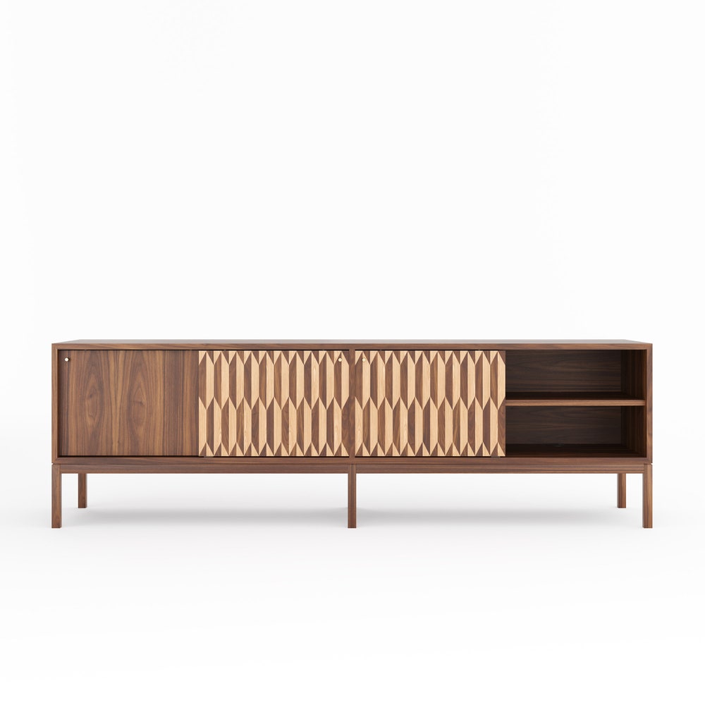 Walnut long sideboard TV stand with three inlaid sliding doors in mid century modern style, credenza, dresser, commode, media console center