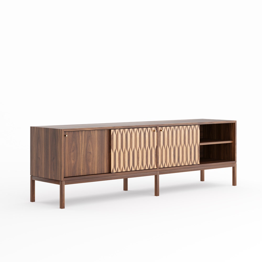 Walnut long sideboard TV stand with three inlaid sliding doors in mid century modern style, credenza, dresser, commode, media console center