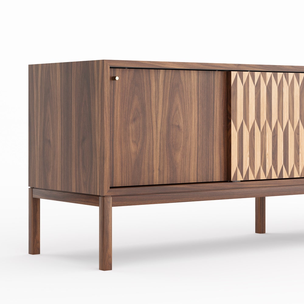 Walnut long sideboard TV stand with three inlaid sliding doors in mid century modern style, credenza, dresser, commode, media console center