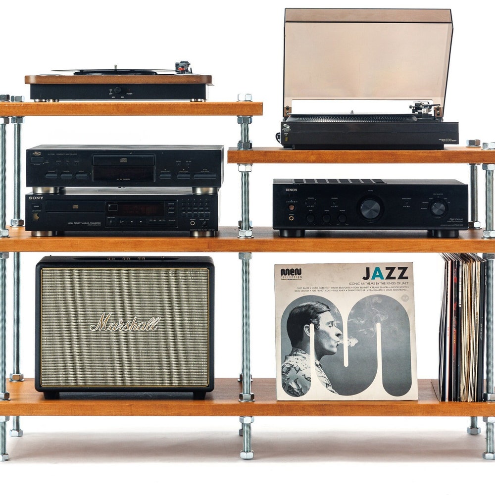 Turntable Stand, Wood Furniture, Handmade Record Player Stand, Industrial Vinyl Table, Media Hifi TV Unit