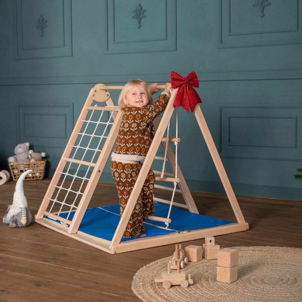 41х37″ Up to 4 Years  Montessori Climbing Small Triangle, Baby Play Mat, Waldorf Climbing Toy, Rope Swings, Baby Mobile, Indoor Play Gym