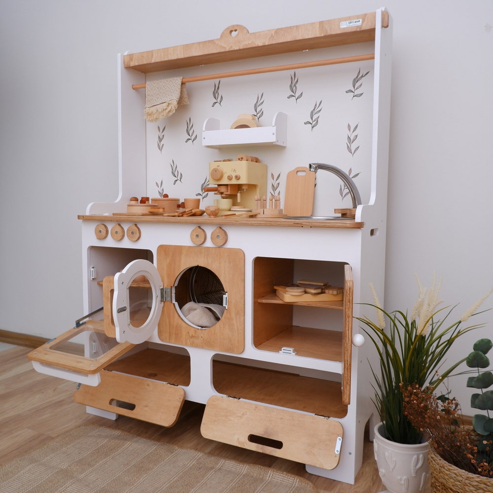 The biggest play kitchen for 10 year olds | Handmade Customizable Wooden Play Kitchen for 10 Year Old Kids | White and Pink