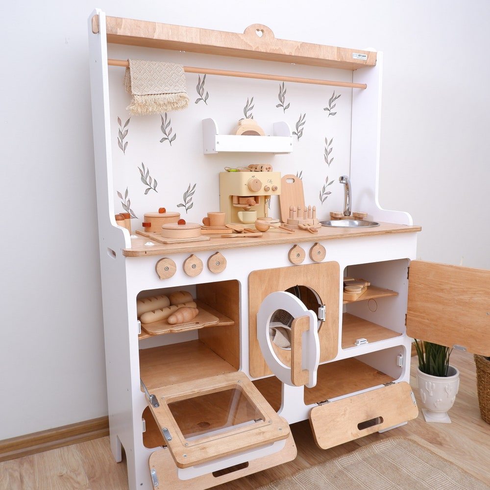 The biggest play kitchen for 10 year olds | Handmade Customizable Wooden Play Kitchen for 10 Year Old Kids | White and Pink