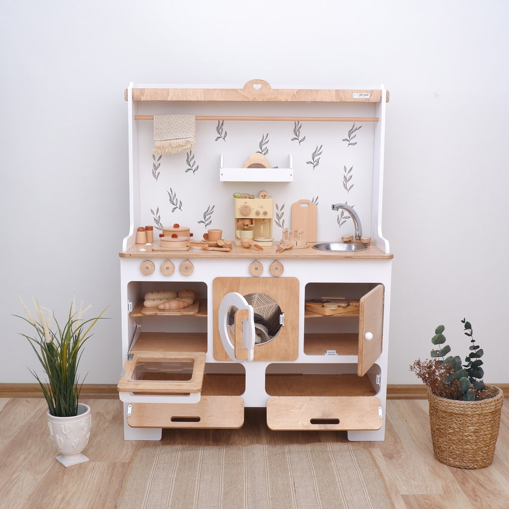 The biggest play kitchen for 10 year olds | Handmade Customizable Wooden Play Kitchen for 10 Year Old Kids | White and Pink