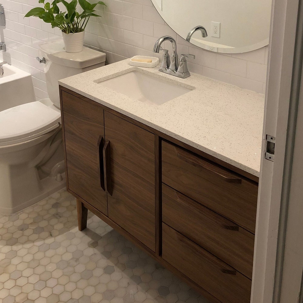 42" Mid Century Bathroom Vanity Cabinet - Left Offset Single Sink, 2 Doors, 3 Drawers - Customize to Your Unique Style