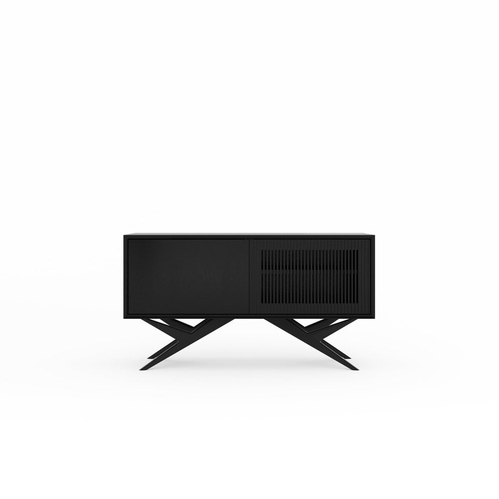 Black oak small cabinet with two slatted doors and organic shape base in mid century modern style, credenza, dresser, commode, TV stand