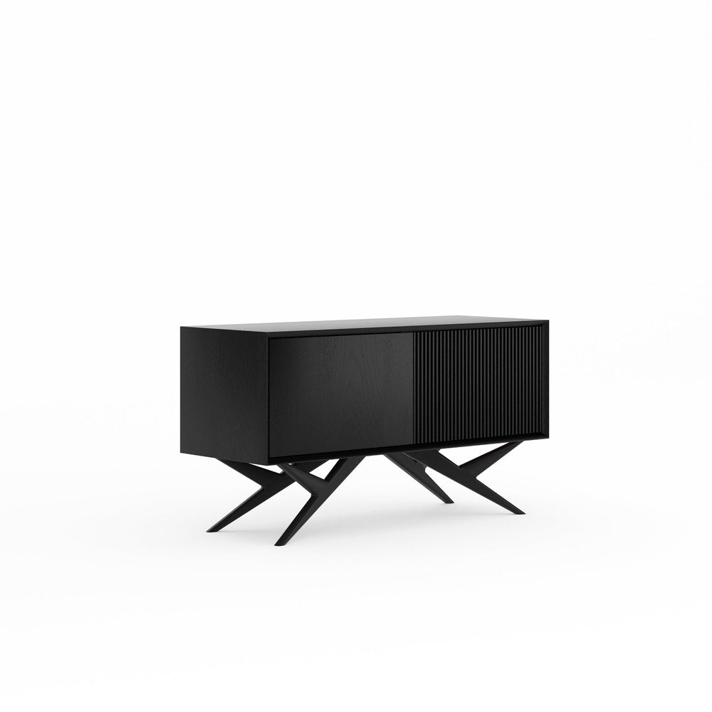 Black oak small cabinet with two slatted doors and organic shape base in mid century modern style, credenza, dresser, commode, TV stand