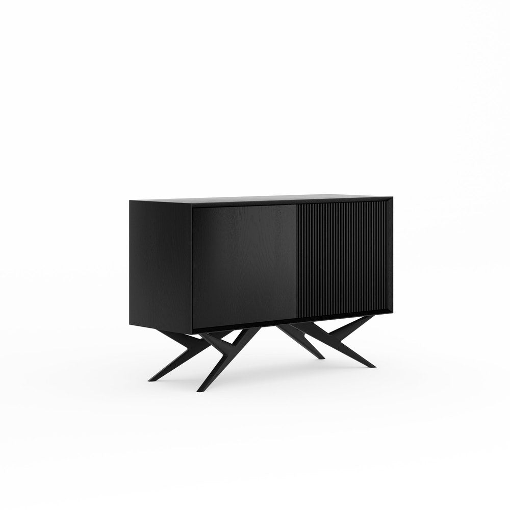 Black oak cabinet dresser with two slatted doors and organic shape base in mid century modern style, media console, TV stand, vinyl stand