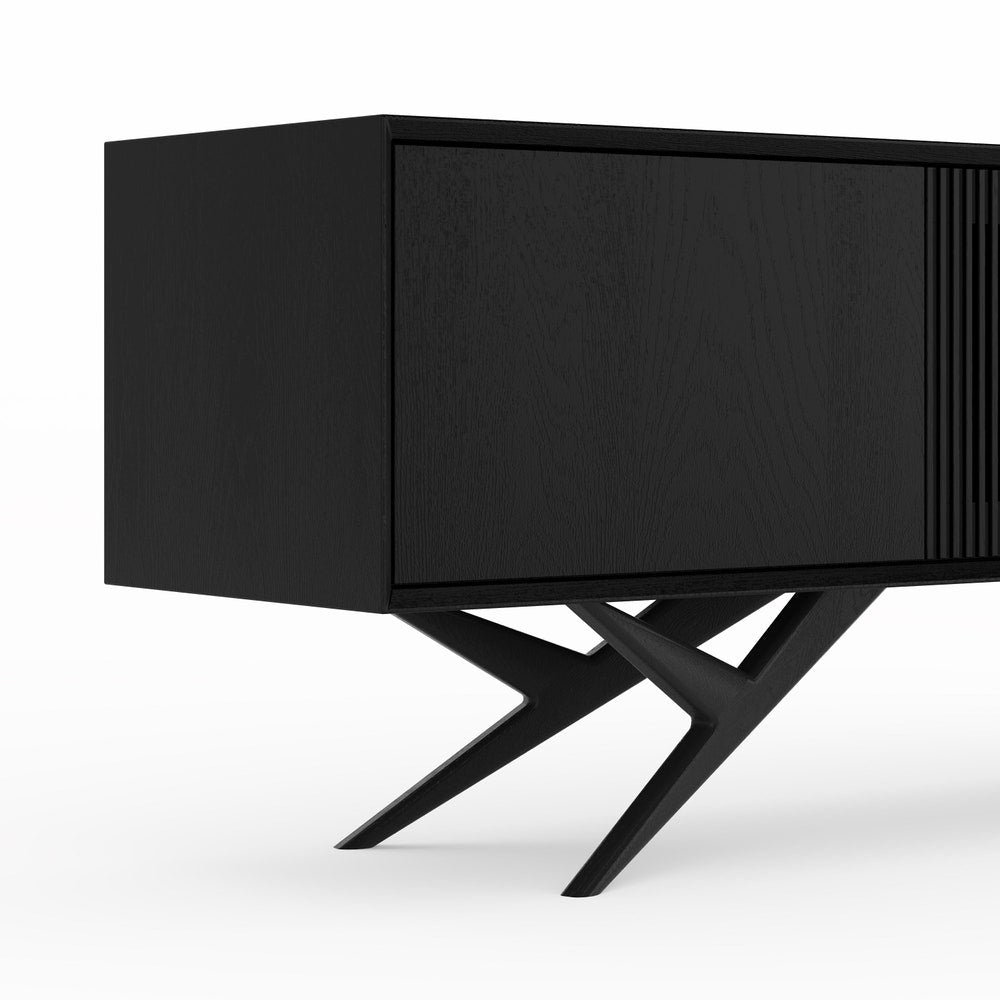 Black oak sideboard with three slatted doors and organic shape base in mid century modern style, credenza, dresser, commode, TV stand, media