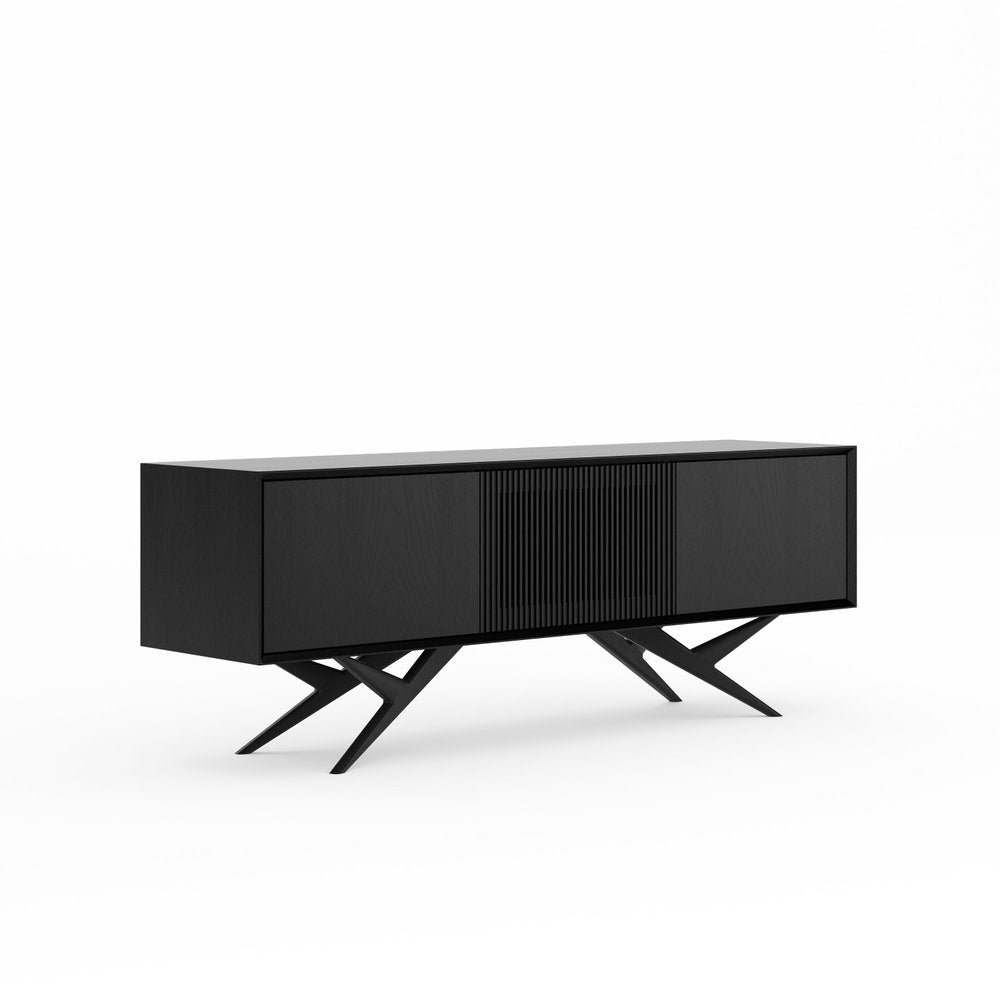 Black oak sideboard with three slatted doors and organic shape base in mid century modern style, credenza, dresser, commode, TV stand, media