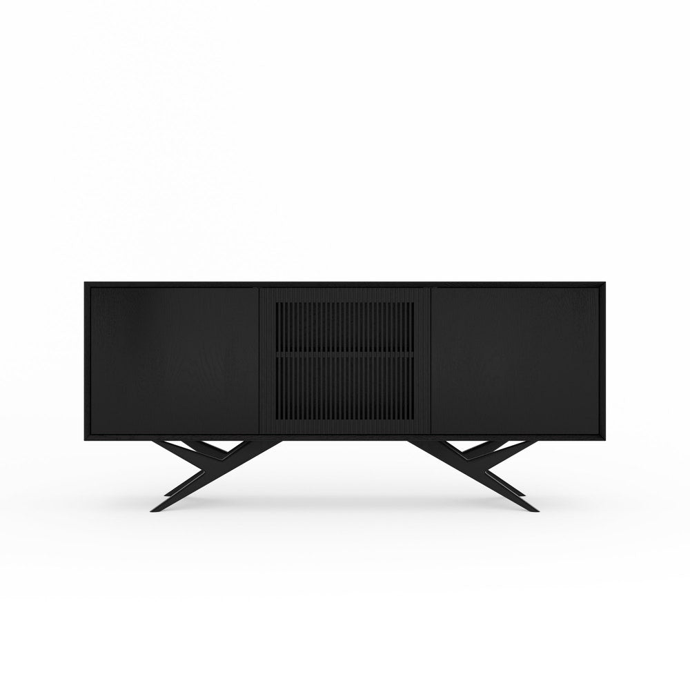 Black oak sideboard with three slatted doors and organic shape base in mid century modern style, commode, TV stand, record player stand