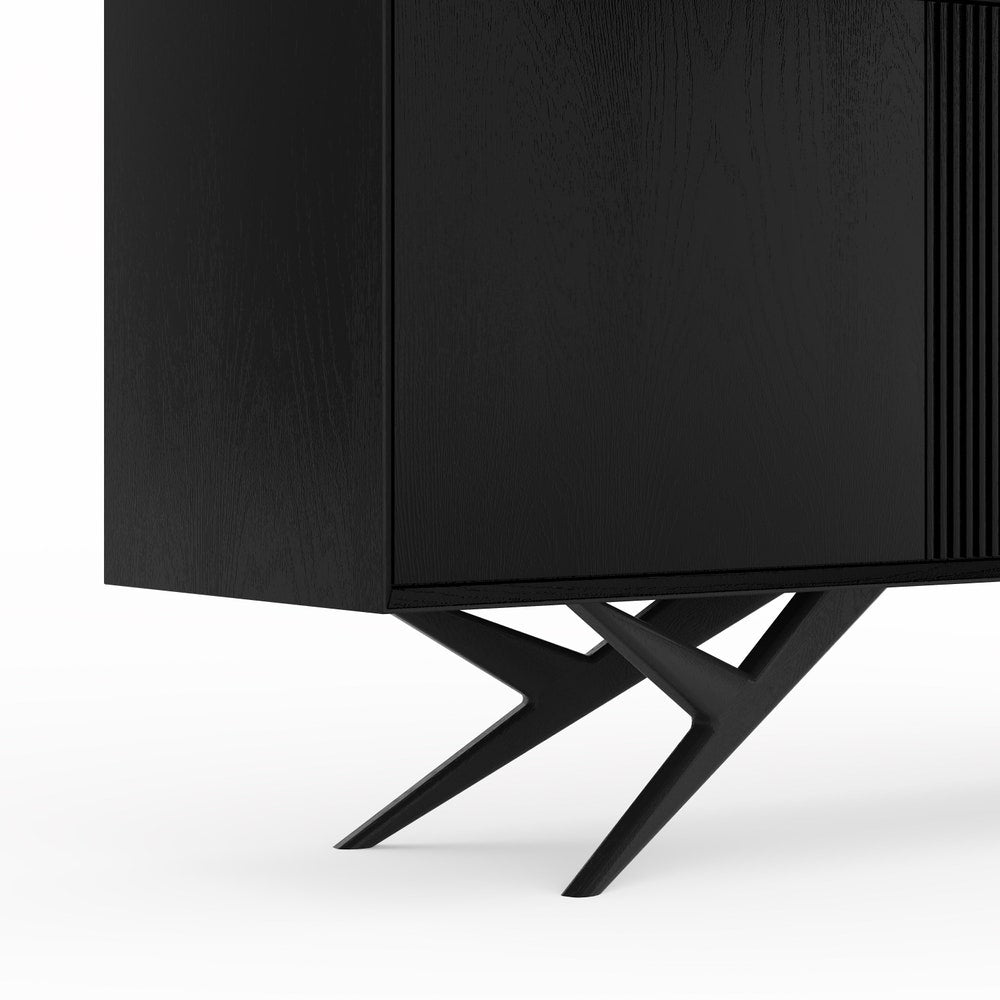 Black oak sideboard with three slatted doors and organic shape base in mid century modern style, commode, TV stand, record player stand