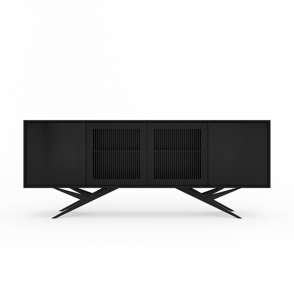 Black oak long sideboard with four slatted doors and organic shape base in mid century modern style, highboard, commode, TV stand, dresser