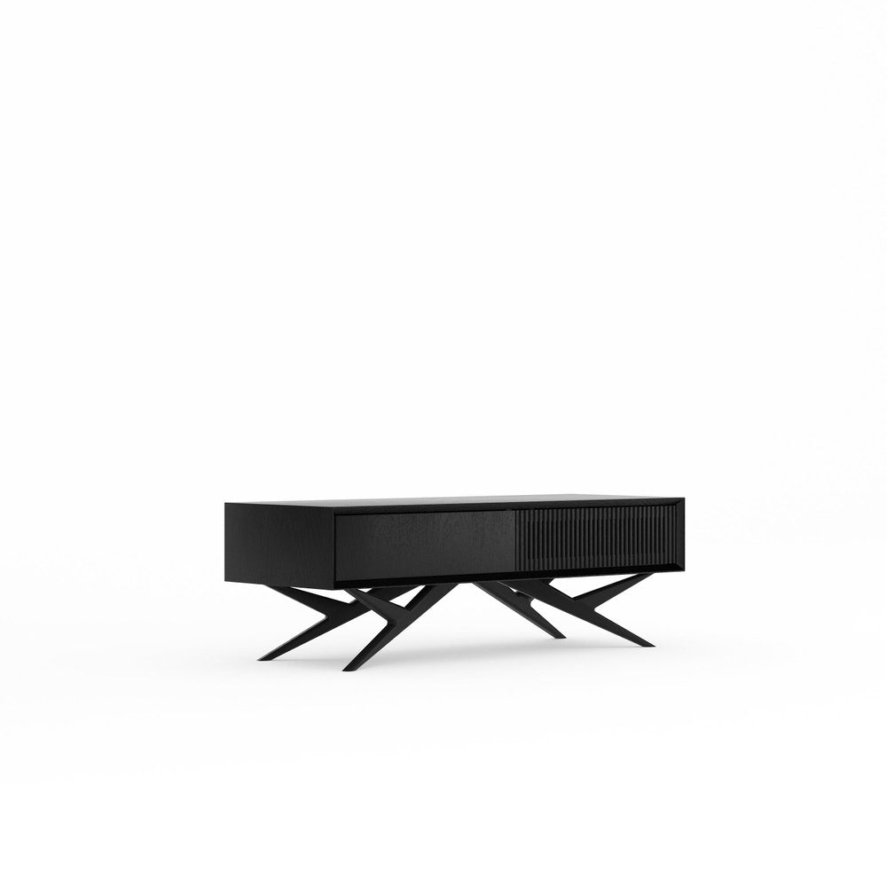 Black oak small lowboard, TV stand with slatted door one drawer and organic shape base in mid century modern style, credenza, dresser