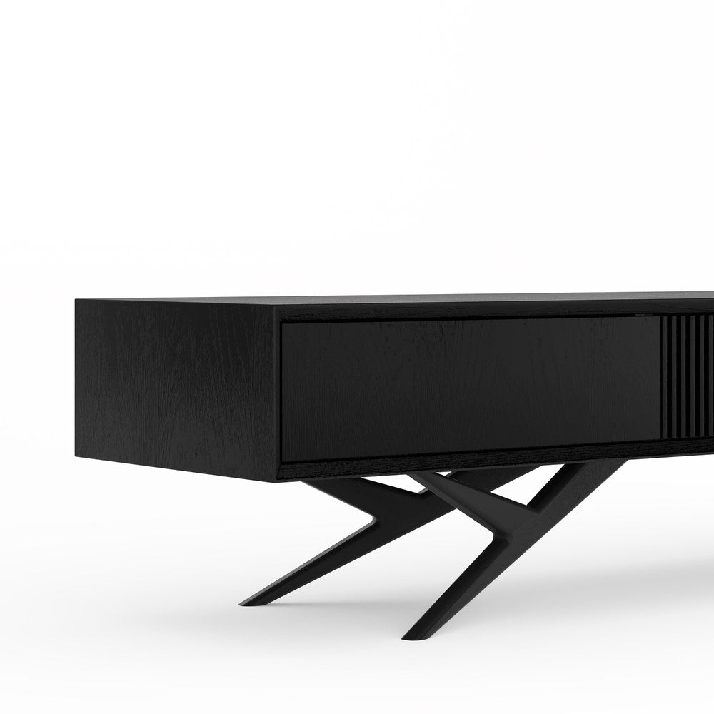 Black oak long tv stand with slatted door, two drawers and organic shape base in mid century modern style, lowboard, media console center