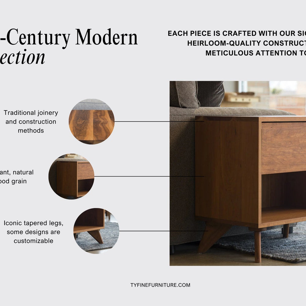 Apollo Side Table & Colorful Drawer Options, Handmade Wood Mid Century Modern - Oak, Cherry, Walnut or Maple, Retro Style, Bedroom Furniture