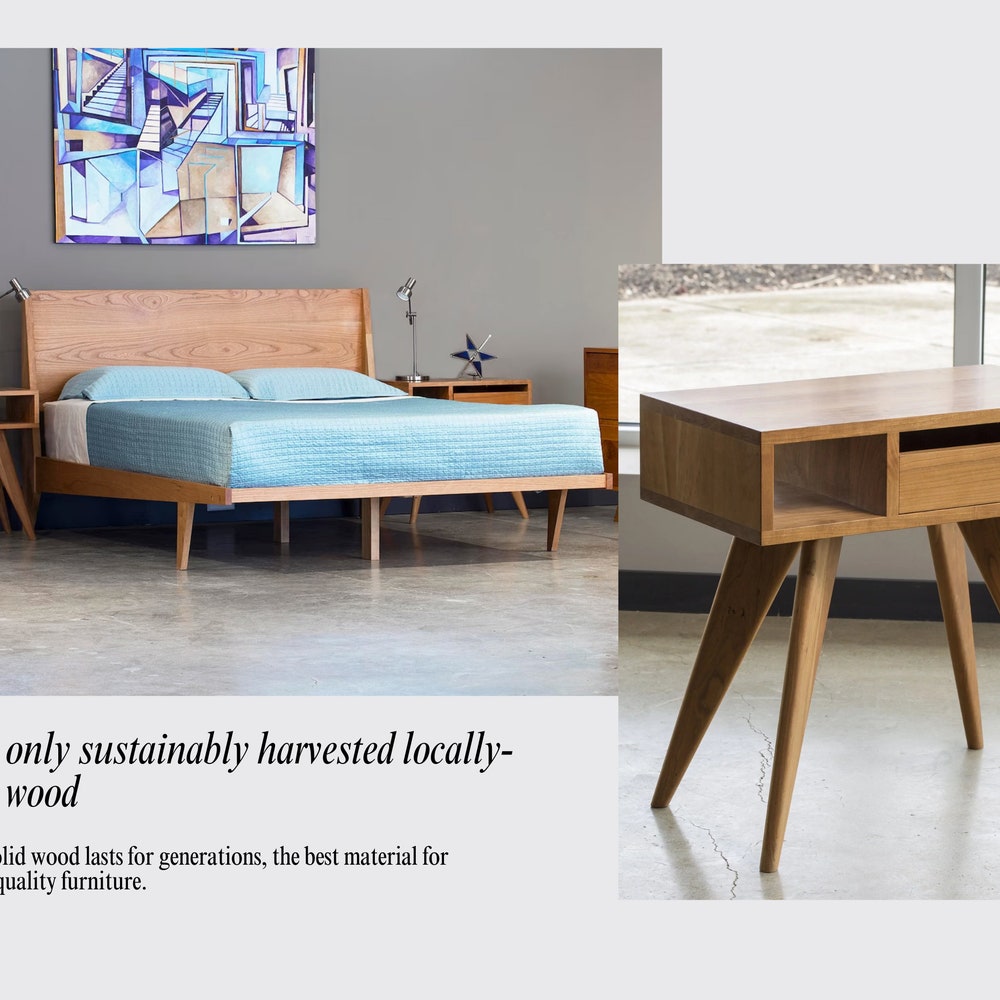 Apollo Side Table & Colorful Drawer Options, Handmade Wood Mid Century Modern - Oak, Cherry, Walnut or Maple, Retro Style, Bedroom Furniture