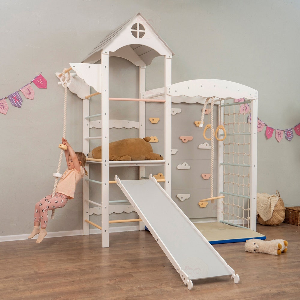 88x70" Nursery Mobile Indoor Playground Montessori Tower with Soft Playmat, Big Baby Slide, Swing, Gymnastics Rings & Waldorf Rope Lernturm
