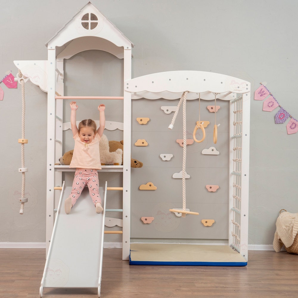 88x70" Nursery Mobile Indoor Playground Montessori Tower with Soft Playmat, Big Baby Slide, Swing, Gymnastics Rings & Waldorf Rope Lernturm