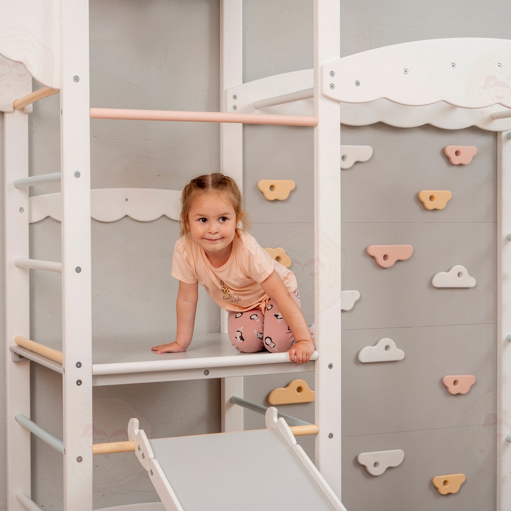 88x70" Huge Baby Play Gym Montessori Climber Tower with Rock Climbing Wall & Waldorf Wooden Slide Wobble Board, Lernturm Indoor Playground