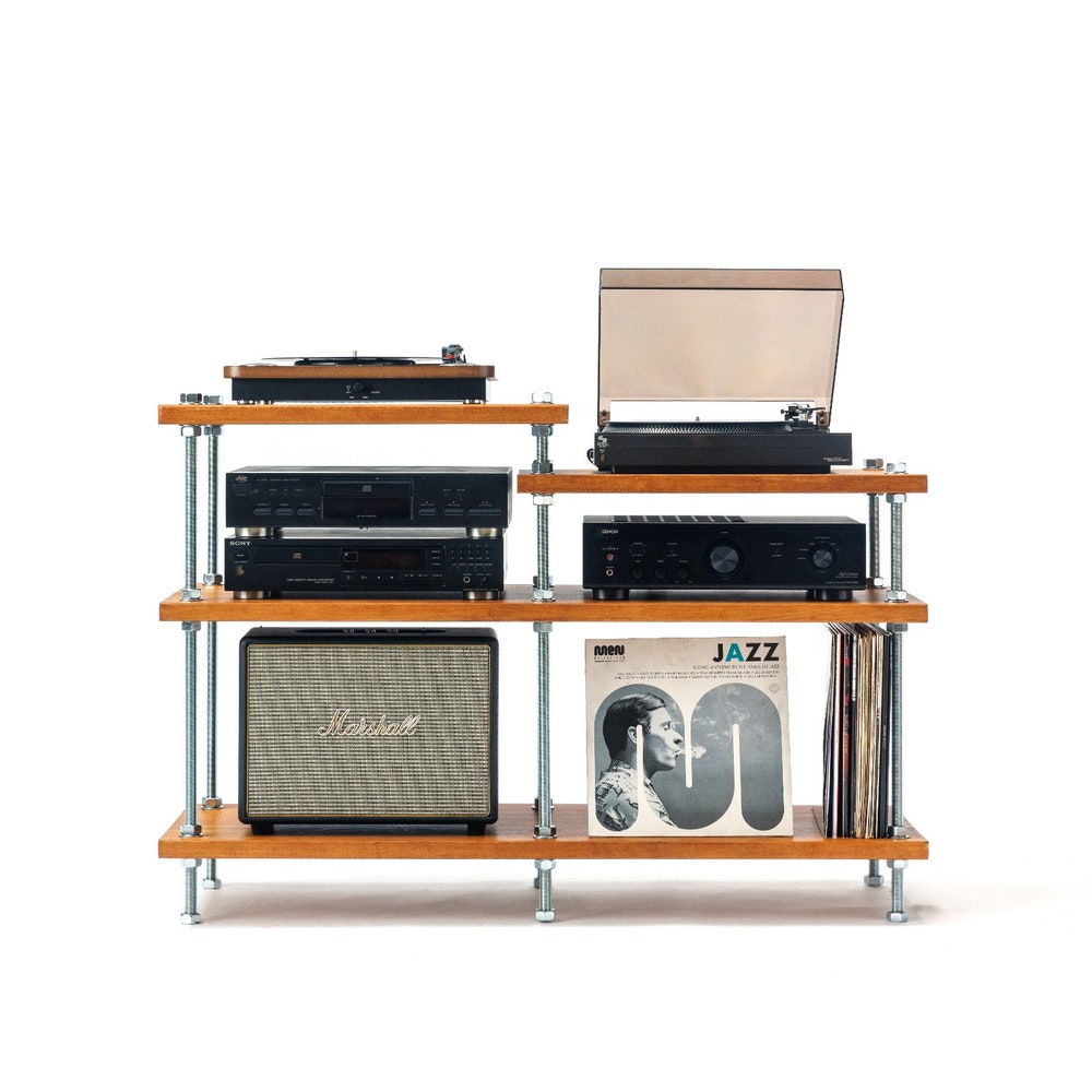 Turntable Stand, Wood Furniture, Handmade Record Player Stand, Industrial Vinyl Table, Media Hifi TV Unit