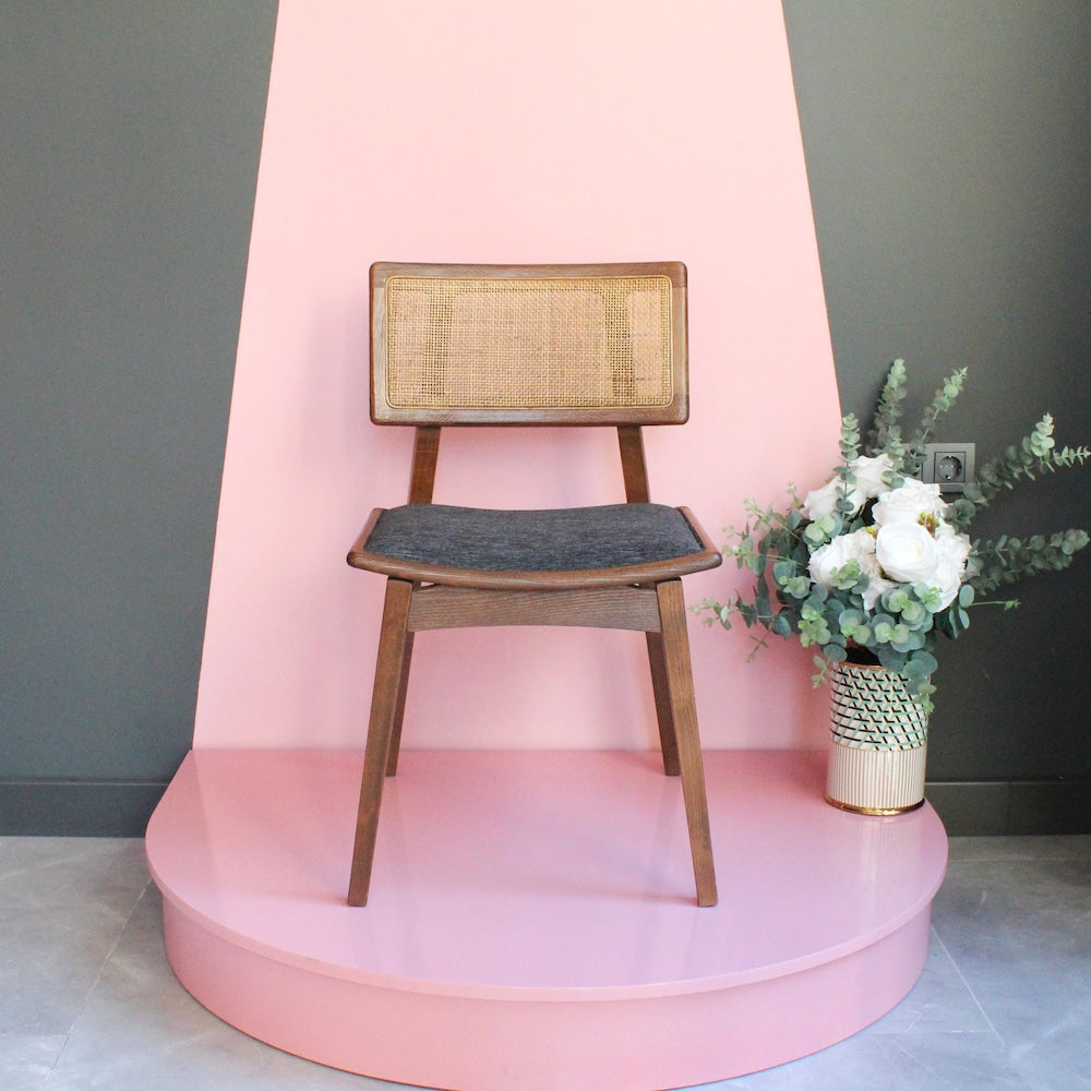 Wooden rattan dining chair, made of hornbeam wood, handmade, special color and fabric options are available.