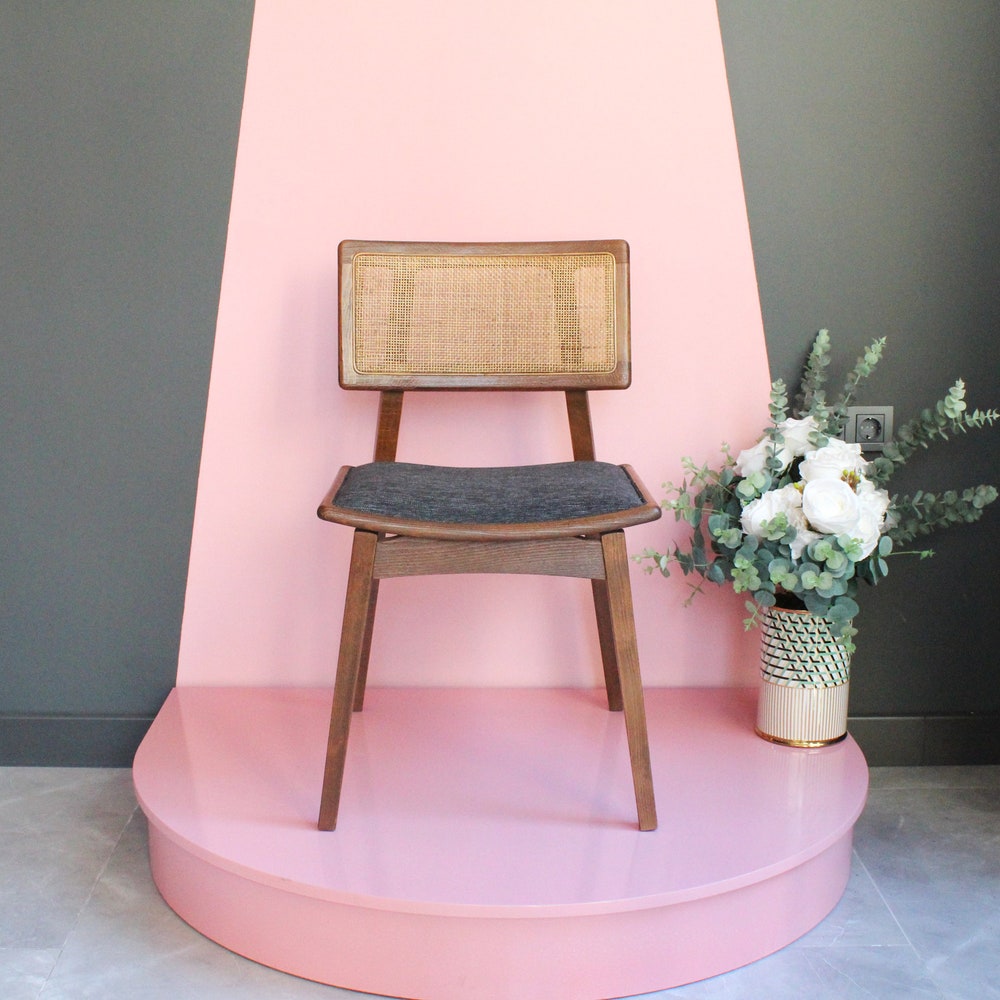 Wooden rattan dining chair, made of hornbeam wood, handmade, special color and fabric options are available.