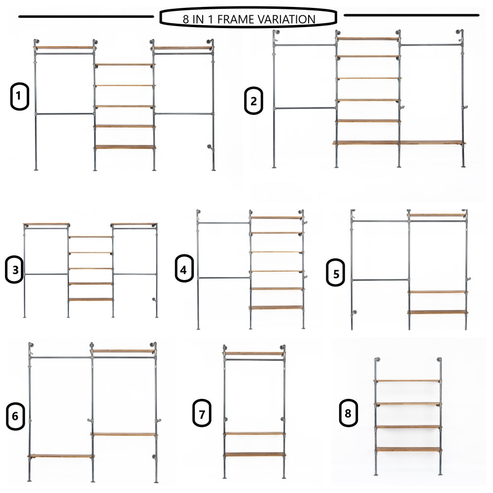 8 in 1 Frame variation Wall Rack, Clothing Rack, Retail Fixture, Garment Rack, Industrial Floating Shelves, Clothing Rack Garment Rack