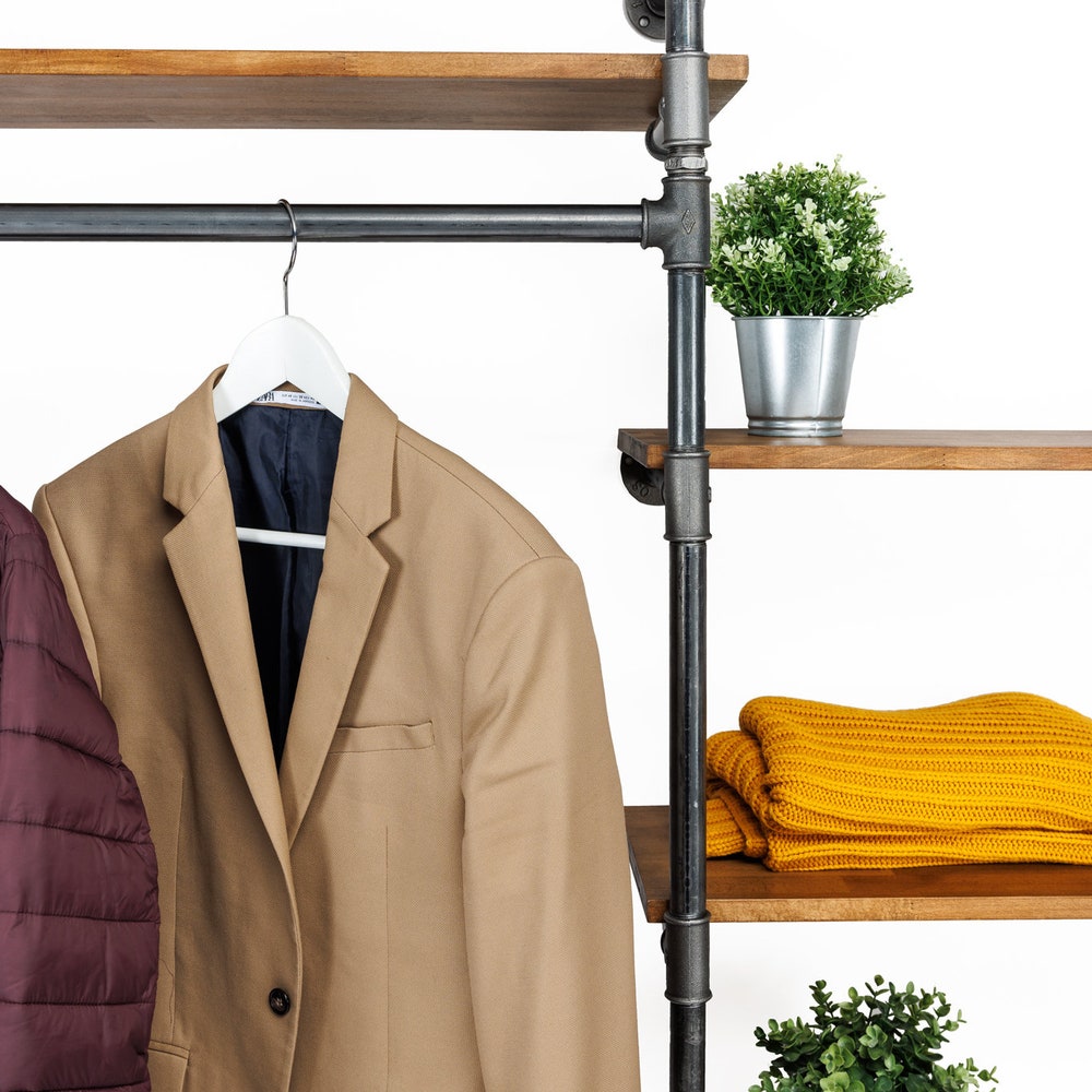Industrial Wall Mounted Garment Rack With Shelves And Pipe Frame For Retail Or Home Use