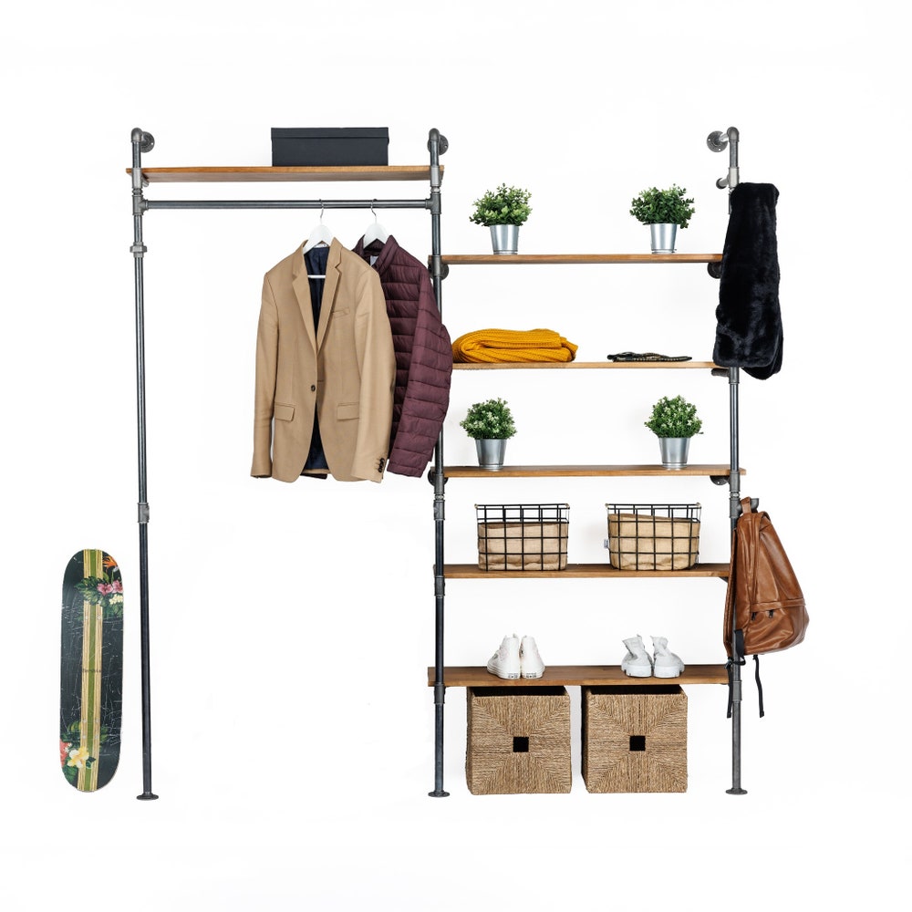 Industrial Wall Mounted Garment Rack With Shelves And Pipe Frame For Retail Or Home Use