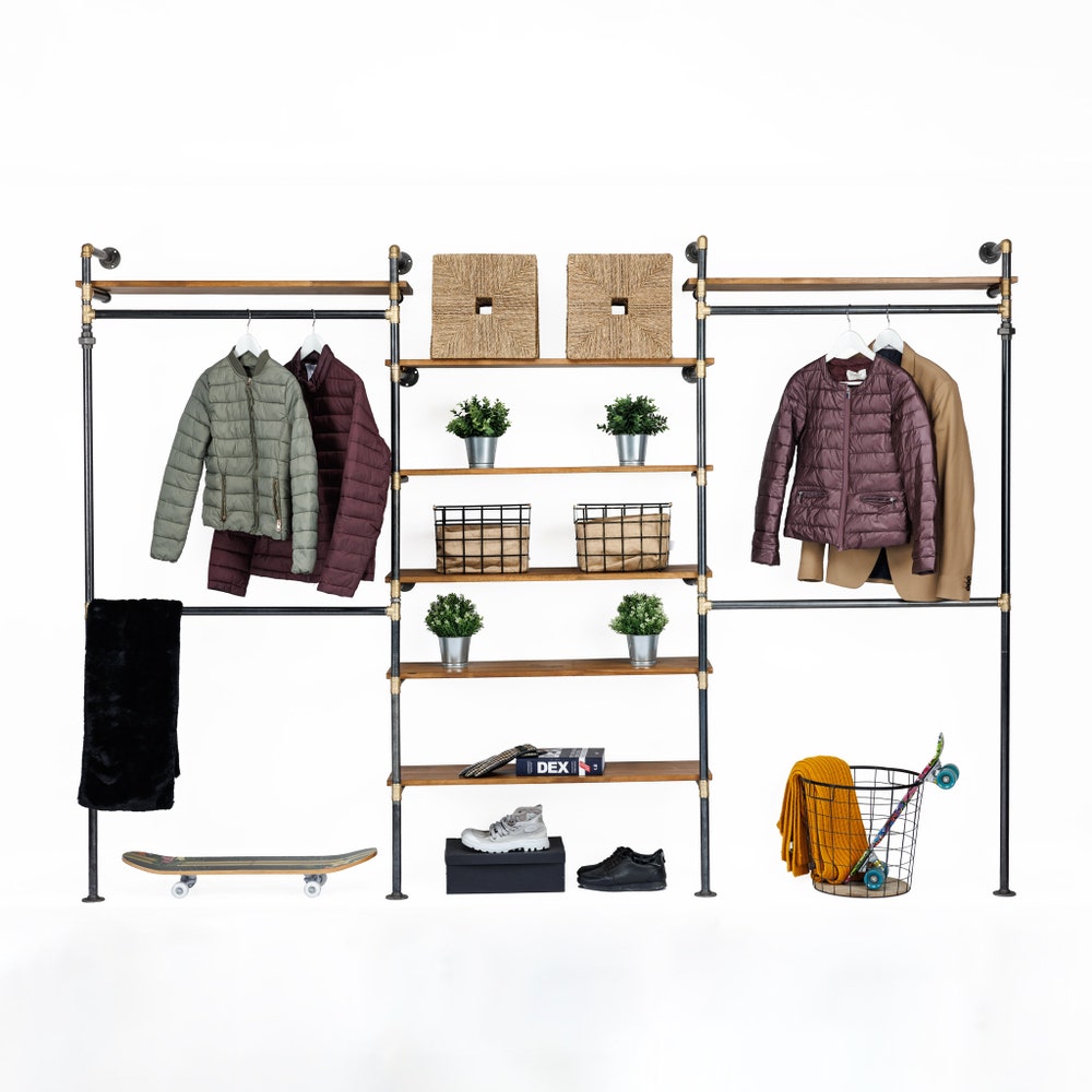 Industrial Wall Mounted Garment Rack With Shelves And Pipe Frame For Retail Or Home Use