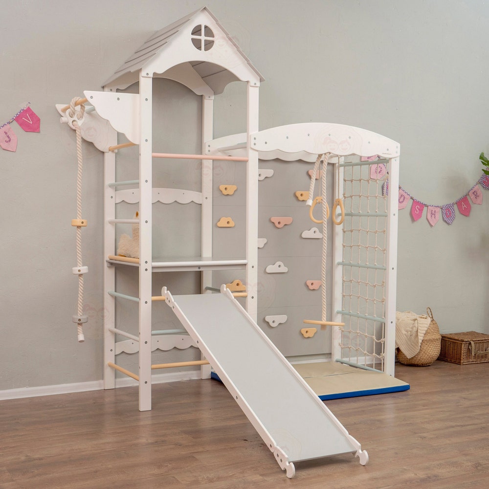 88x70" Nursery Mobile Indoor Playground Montessori Tower with Soft Playmat, Big Baby Slide, Swing, Gymnastics Rings & Waldorf Rope Lernturm