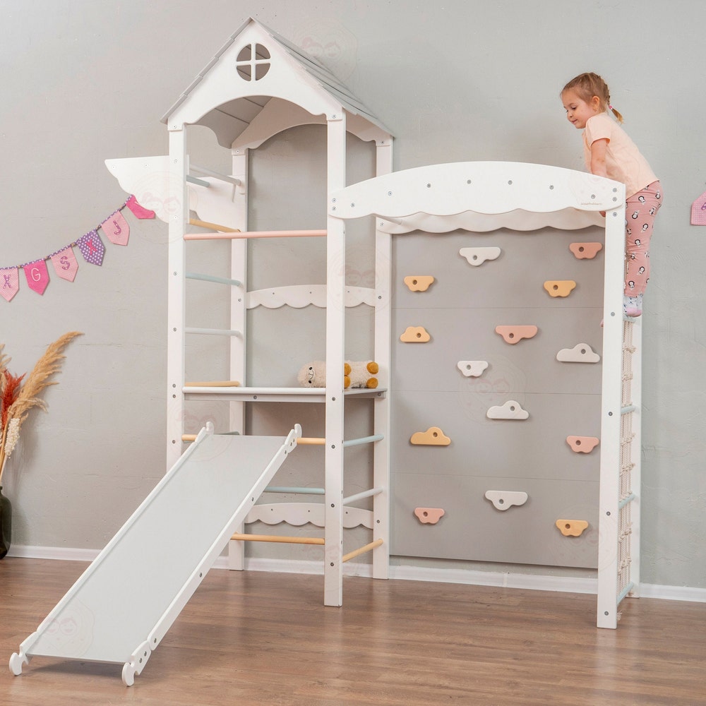 88x70" Huge Baby Play Gym Montessori Climber Tower with Rock Climbing Wall & Waldorf Wooden Slide Wobble Board, Lernturm Indoor Playground