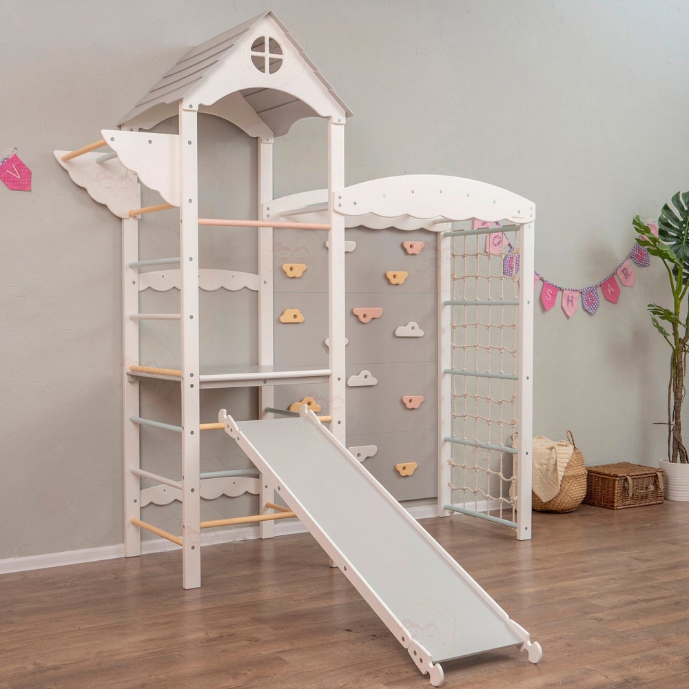 88x70" Huge Baby Play Gym Montessori Climber Tower with Rock Climbing Wall & Waldorf Wooden Slide Wobble Board, Lernturm Indoor Playground