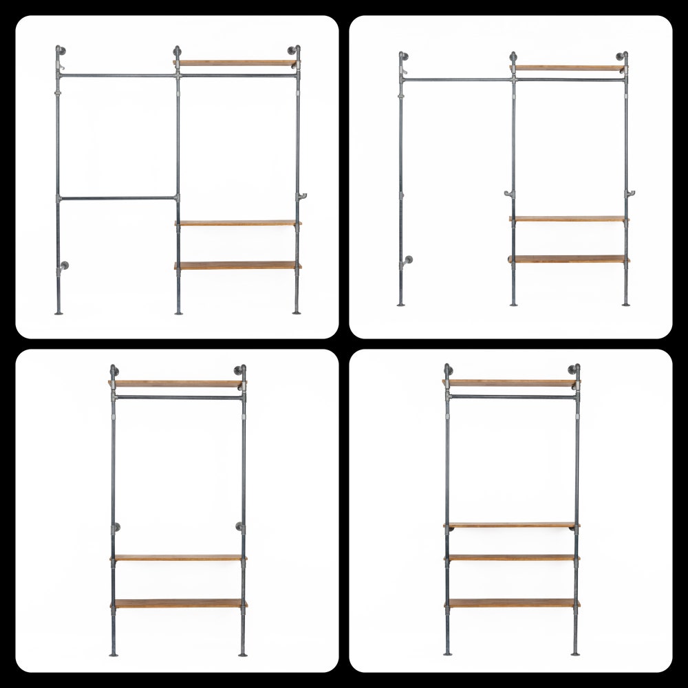 Industrial Wall Mounted Clothing Rack With Shelves And Pipe Frame For Retail Or Home Display