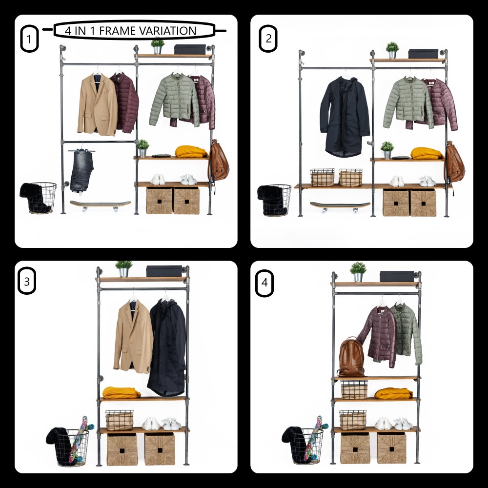 Industrial Wall Mounted Clothing Rack With Shelves And Pipe Frame For Retail Or Home Display