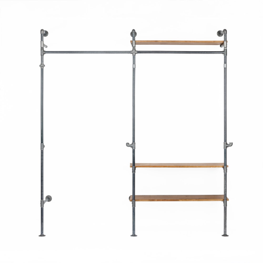 Industrial Wall Mounted Clothing Rack With Shelves And Pipe Frame For Retail Or Home Display