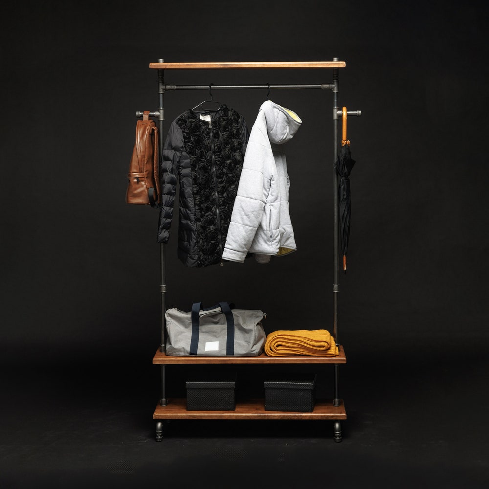 Industrial Garment Rack With Pipe Frame And Wood Shelves For Entryway Or Retail Display