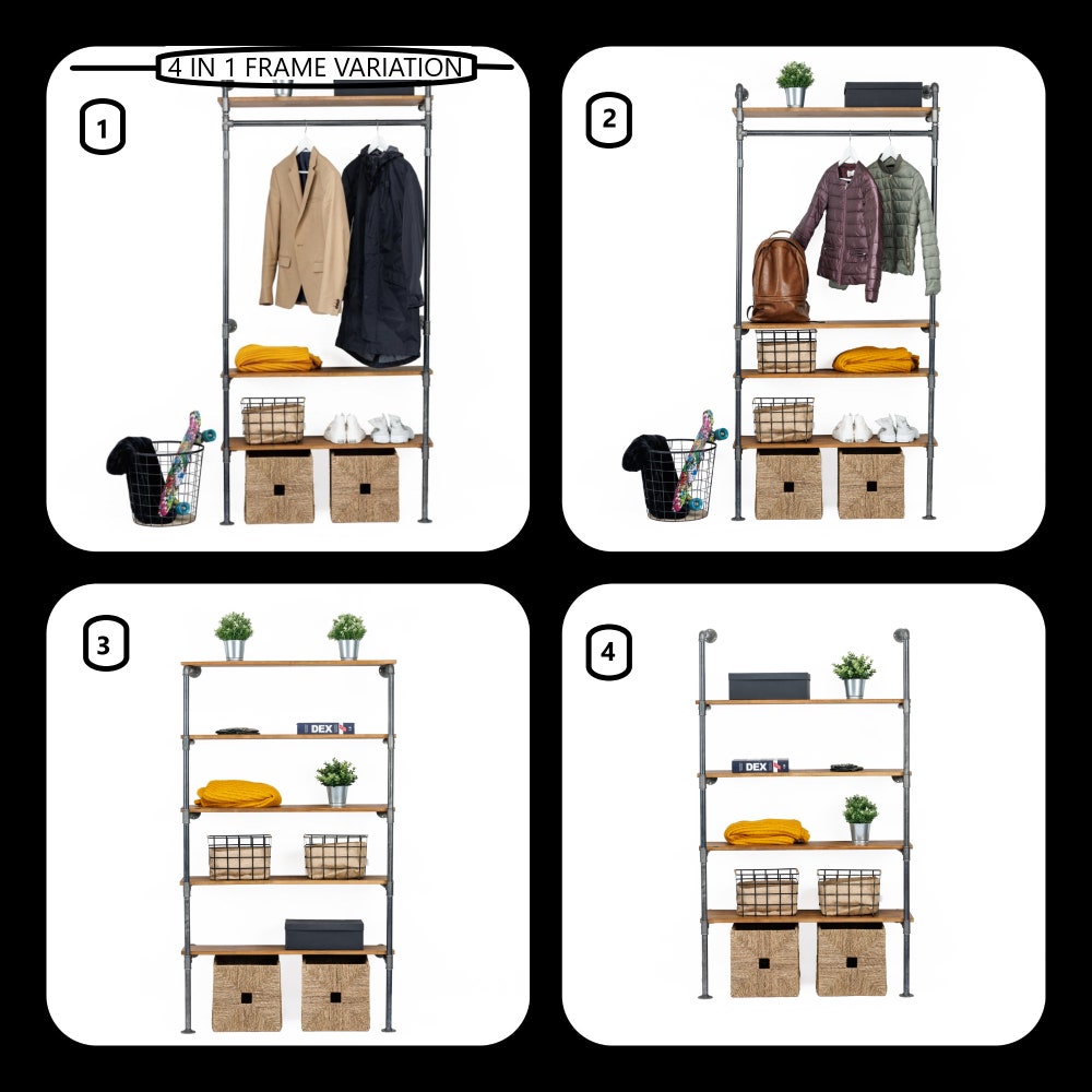 Industrial Wall Mounted Garment Rack With Wood Shelves And Pipe Frame For Retail Or Home Use