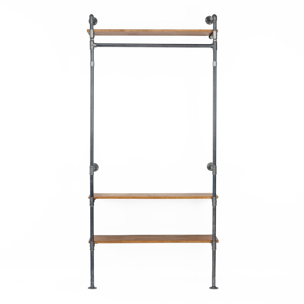 Industrial Wall Mounted Garment Rack With Wood Shelves And Pipe Frame For Retail Or Home Use