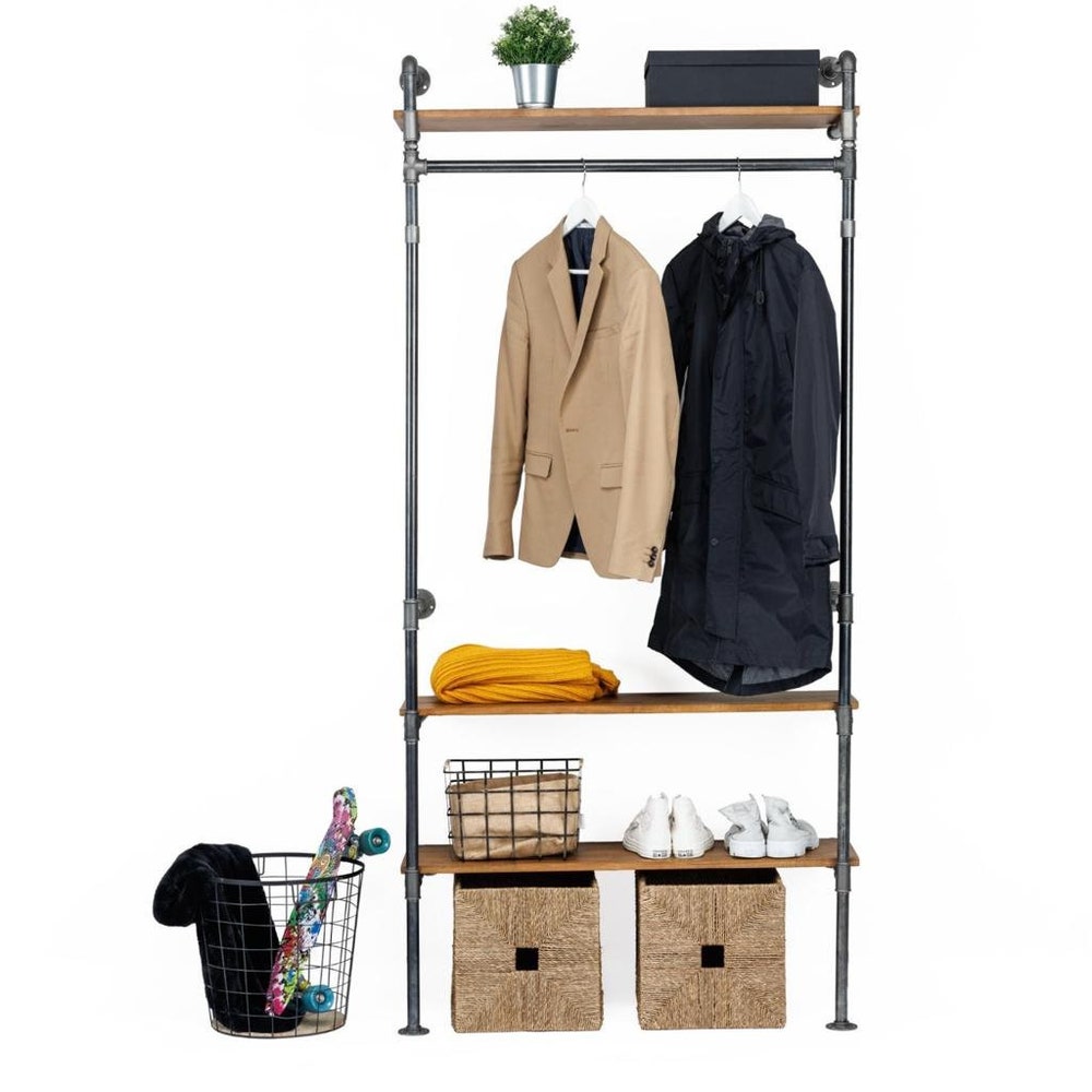 Industrial Wall Mounted Garment Rack With Wood Shelves And Pipe Frame For Retail Or Home Use