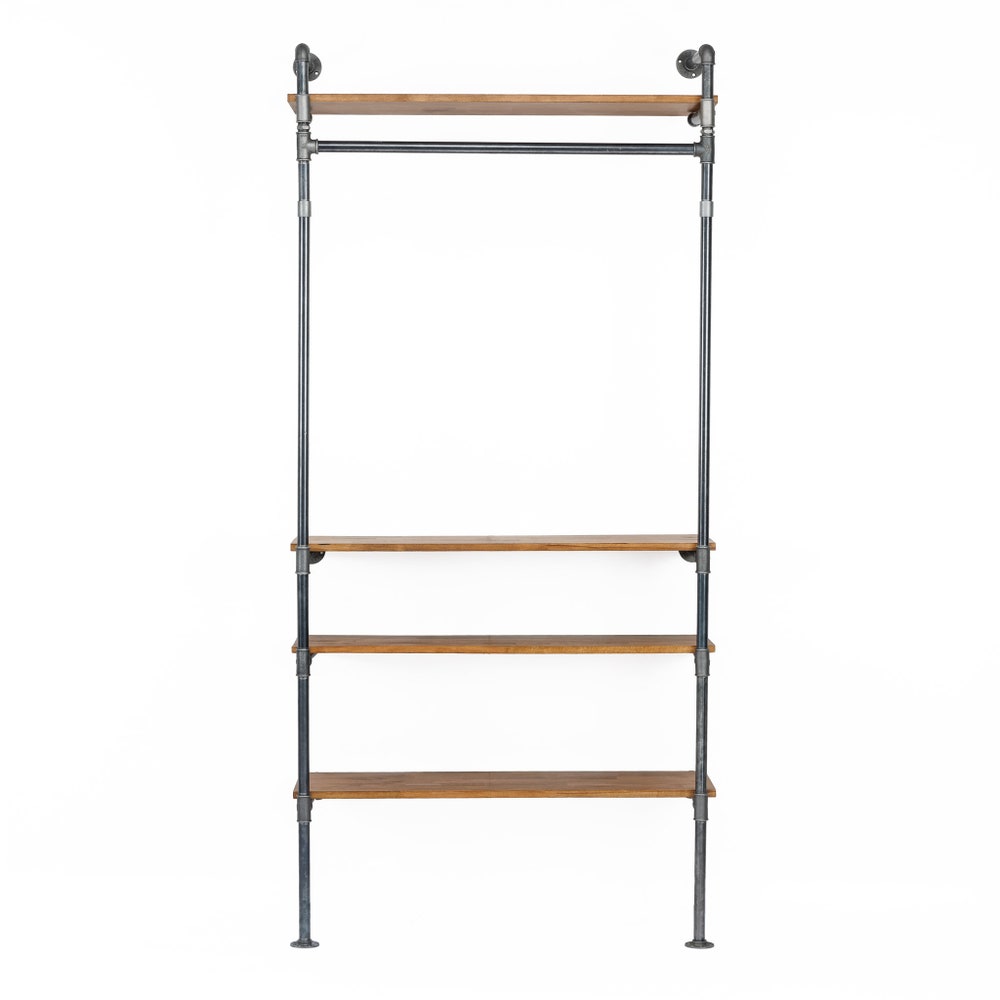 Industrial Wall Mounted Garment Rack With Wood Shelves And Pipe Frame For Retail Or Home Use