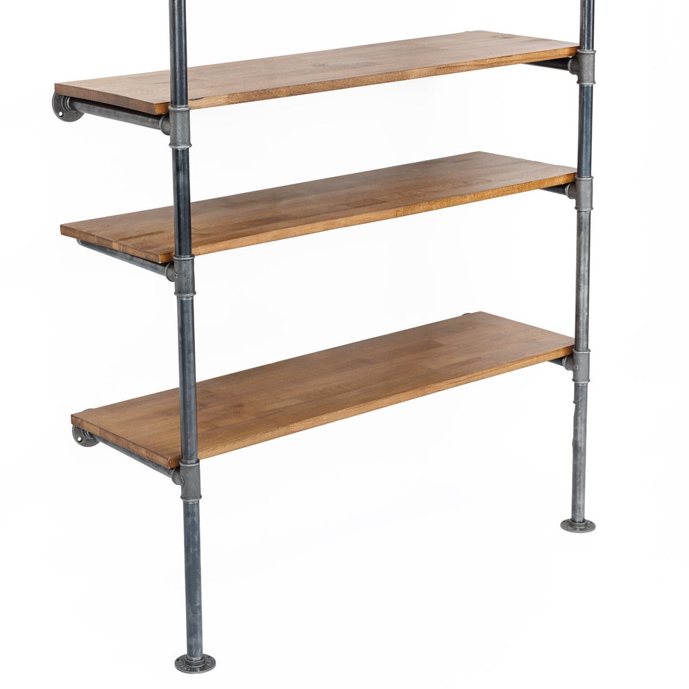 Industrial Wall Mounted Garment Rack With Wood Shelves And Pipe Frame For Retail Or Home Use