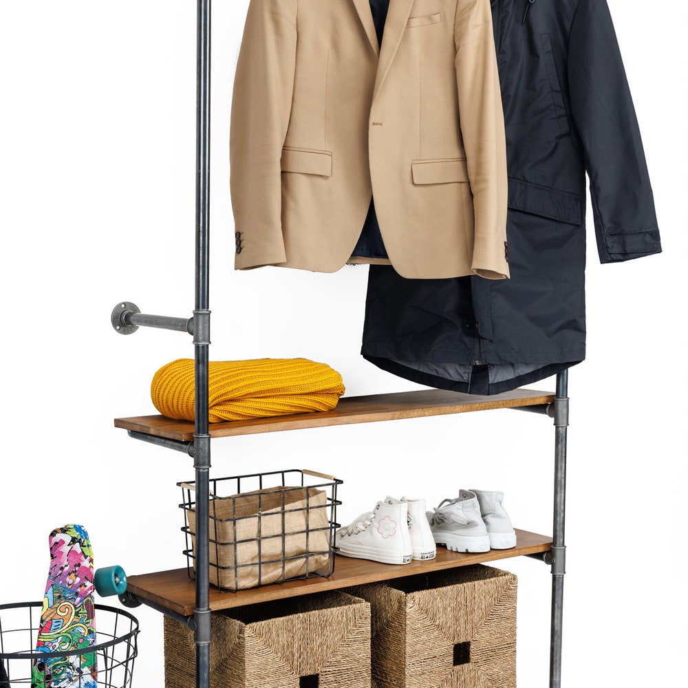 Industrial Wall Mounted Garment Rack With Wood Shelves And Pipe Frame For Retail Or Home Use