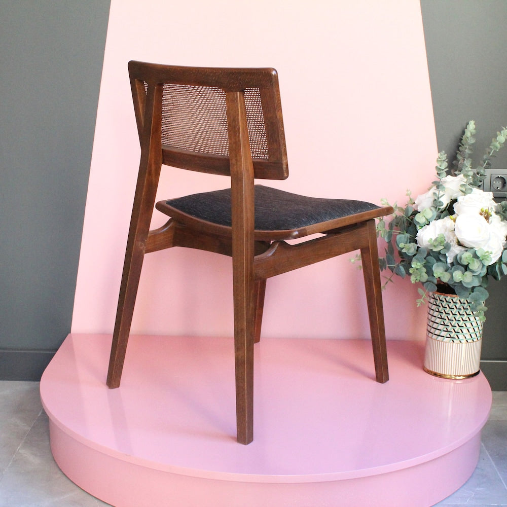 Wooden rattan dining chair, made of hornbeam wood, handmade, special color and fabric options are available.