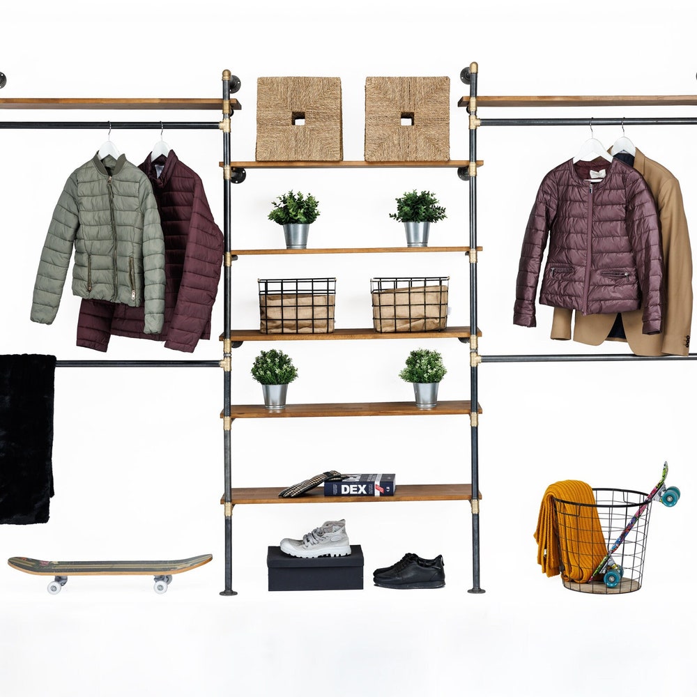 Industrial Wall Mounted Clothing Rack With Shelves And Pipe Frame For Retail Or Home Display