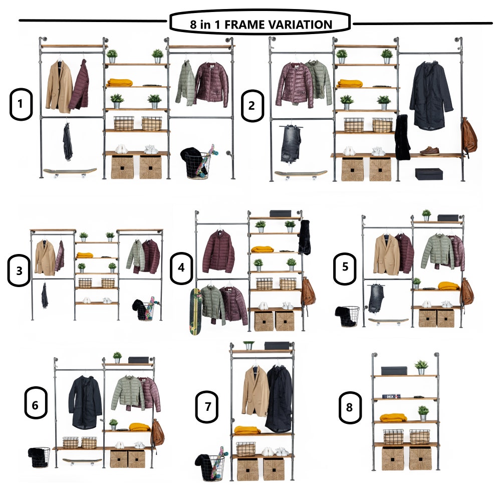 8 in 1 Frame variation Wall Rack, Clothing Rack, Retail Fixture, Garment Rack, Industrial Floating Shelves, Clothing Rack Garment Rack